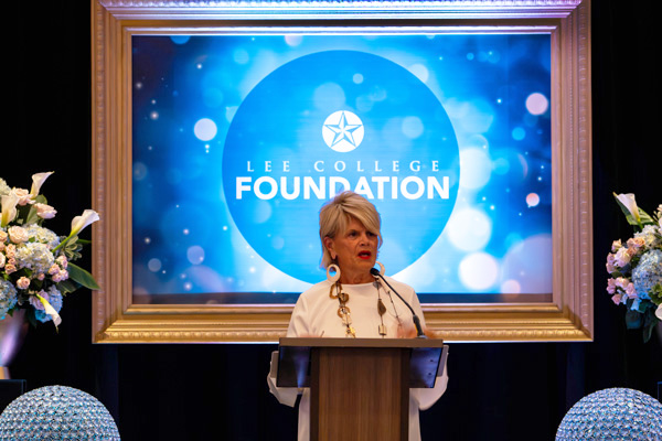 Lynne Foley speaks before a projection of the Foundation logo