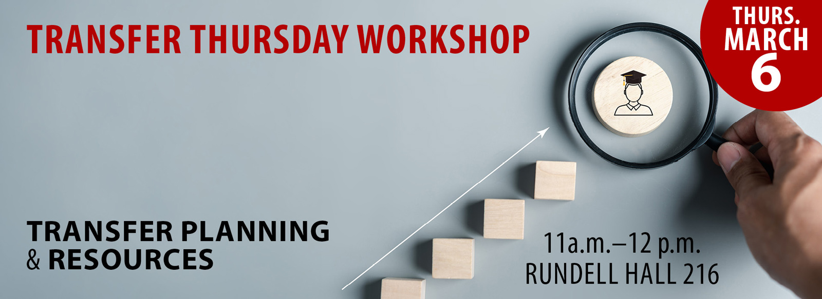 Transfer Thursday workshop, Thursday, March 6. Transfer planning and resources 11 AM to 12 PM, Rundell Hall, room 216