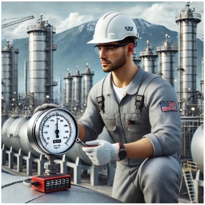 An industrial worker in hard hat with instrumentation and a plant in the background