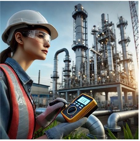 An industrial worker in hard hat with holds technical equipment.