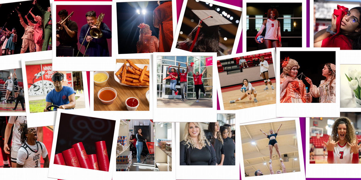 A collage of 19 snapshots of various aspects of college life: athletics, entertainment, graduation, cheer, music, etc.